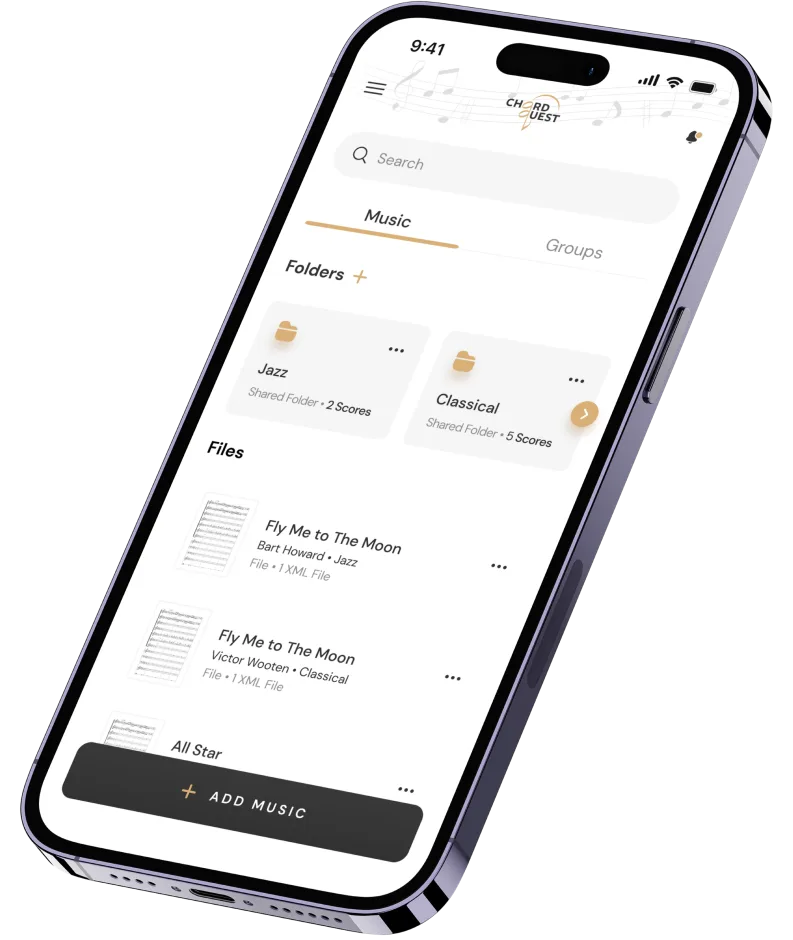 Chord Quest app on iPhone showing sheet music playback